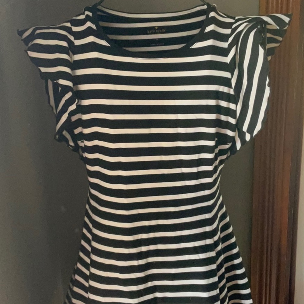 kate spade Black & White Striped Flutter-Sleeve Dress